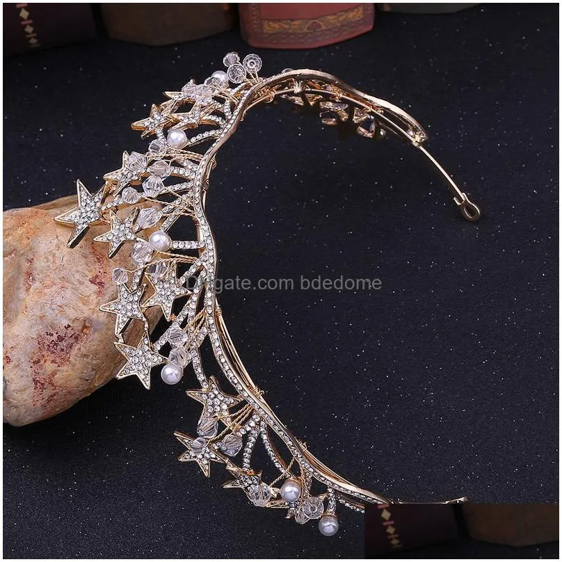 wedding hair jewelry baroque gold color star crystal pearl tiaras bridal crown for bride crowns headband accessories 220831