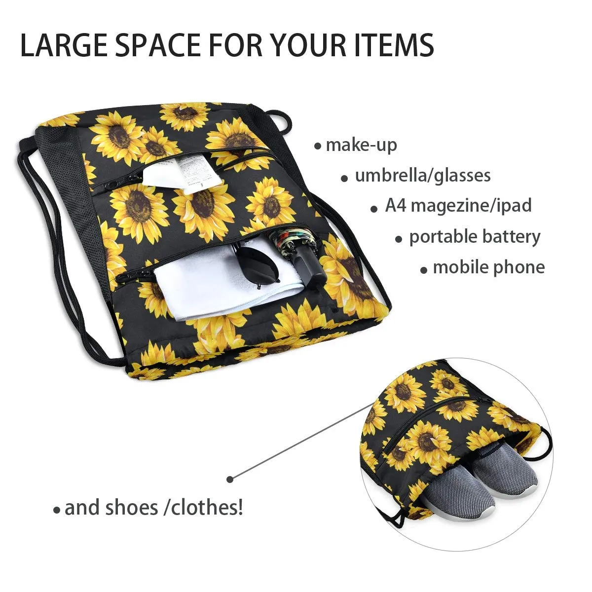 sunflower drawstring backpack for yellow flower sports gym bag sackpack for women men large size