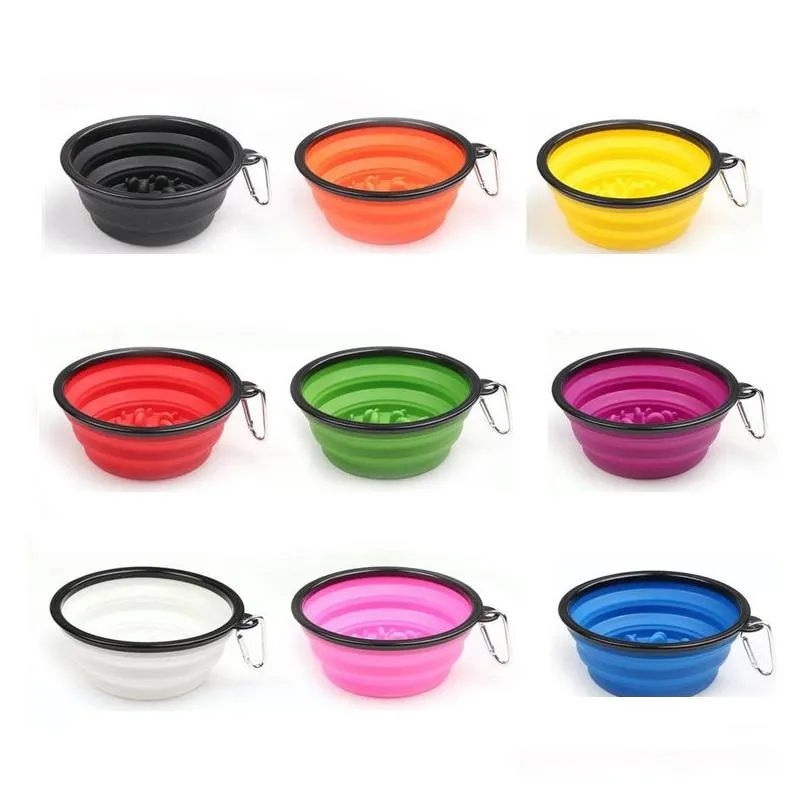collapsible pet dog cat feeding bowl slow food bowl water dish feeder silicone foldable choke bowls for outdoor travel 9 colors to