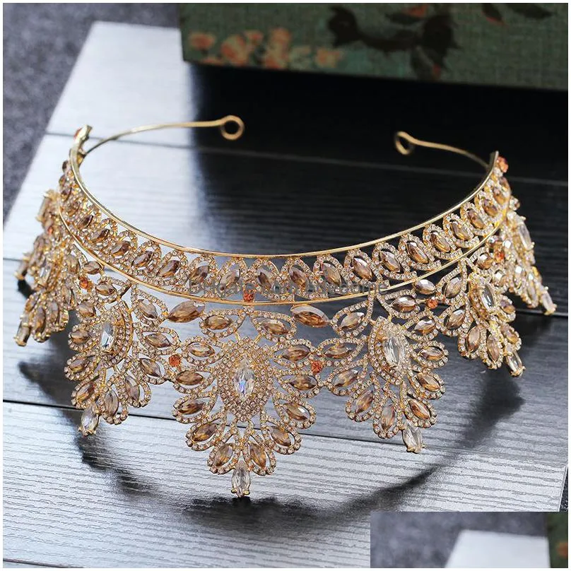 wedding hair jewelry baroque vintage gold color champagne bridal tiaras crown accessories crystal pageant queen diadem 220831