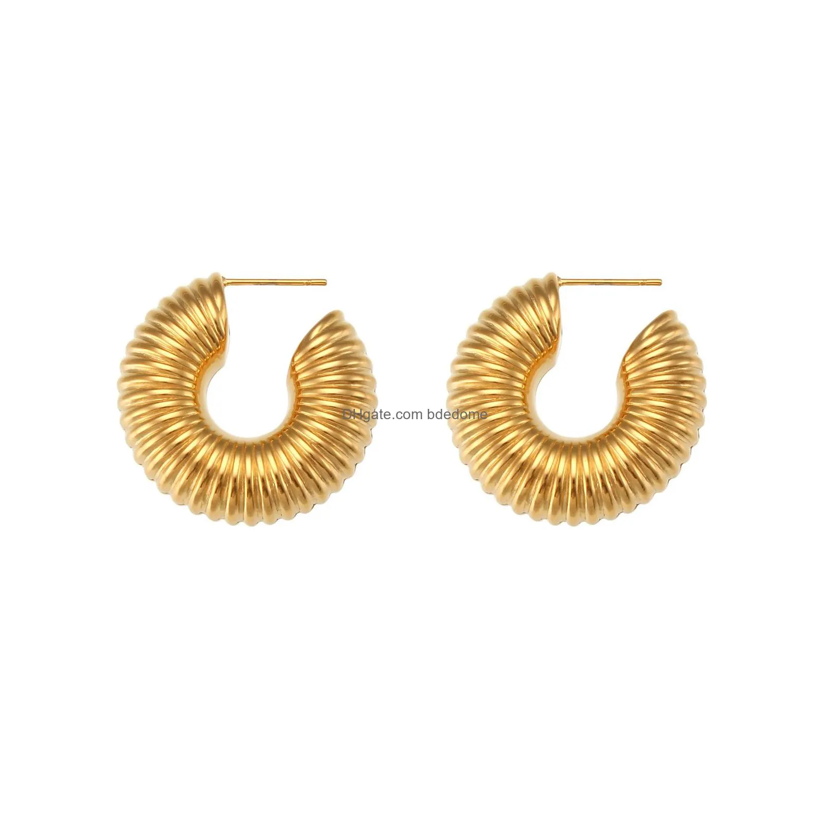 hoop huggie 316l stainless steel pvd high grade hollow design chunky bold gold earrings thread texture statement for women 230215