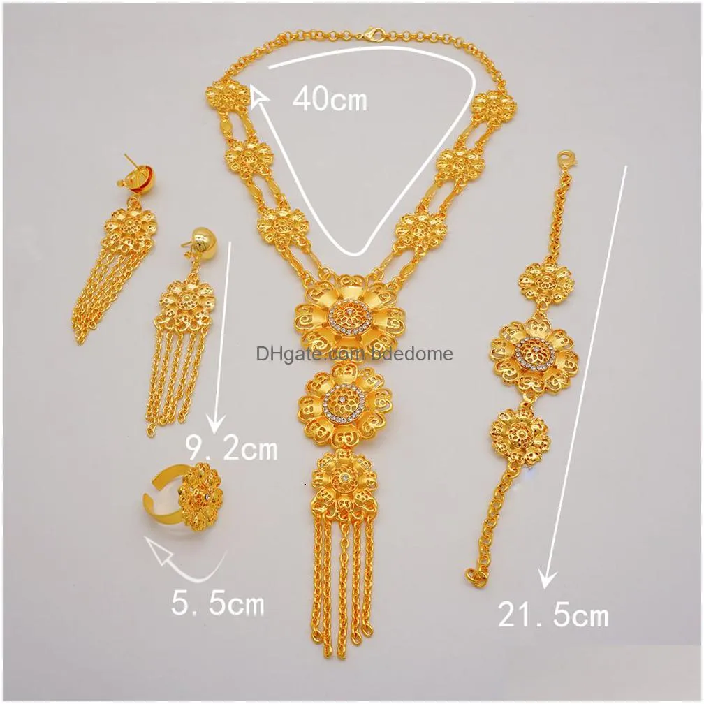 wedding jewelry sets luxury crystal flower dubai gold color jewelry sets for women bridal long tassel necklace sets african arab wedding party gifts