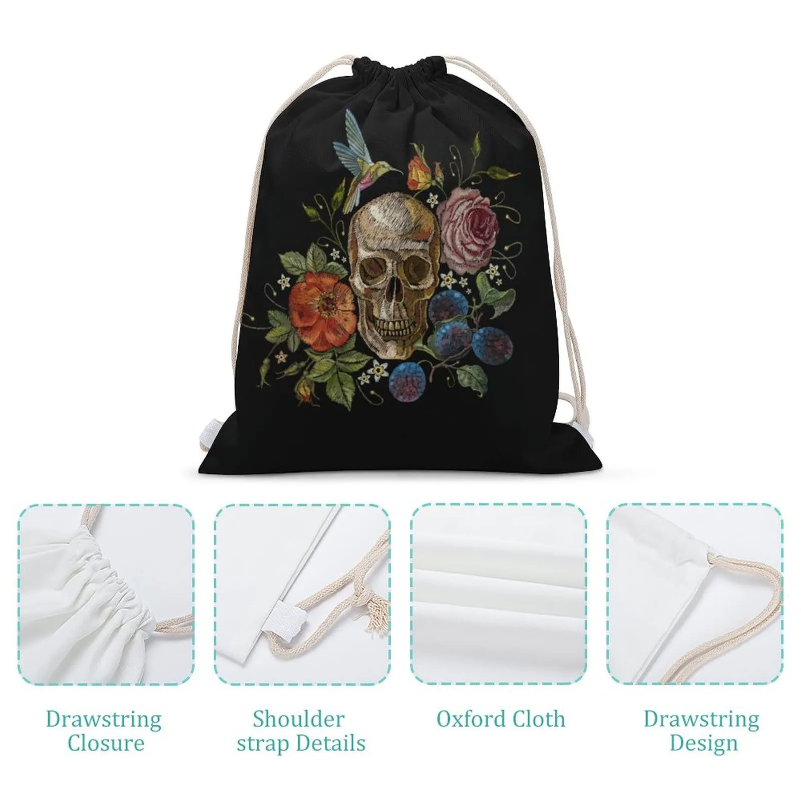 day of the dead skull rose humming bird canvas drawstring backpack trendy daypack sackpack for sports gym travel