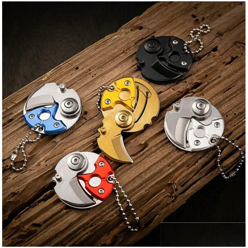 all steel mini folding knife cute coin shape pocket knife keychain knives outdoor edc key hanging buckle portable survival tool small