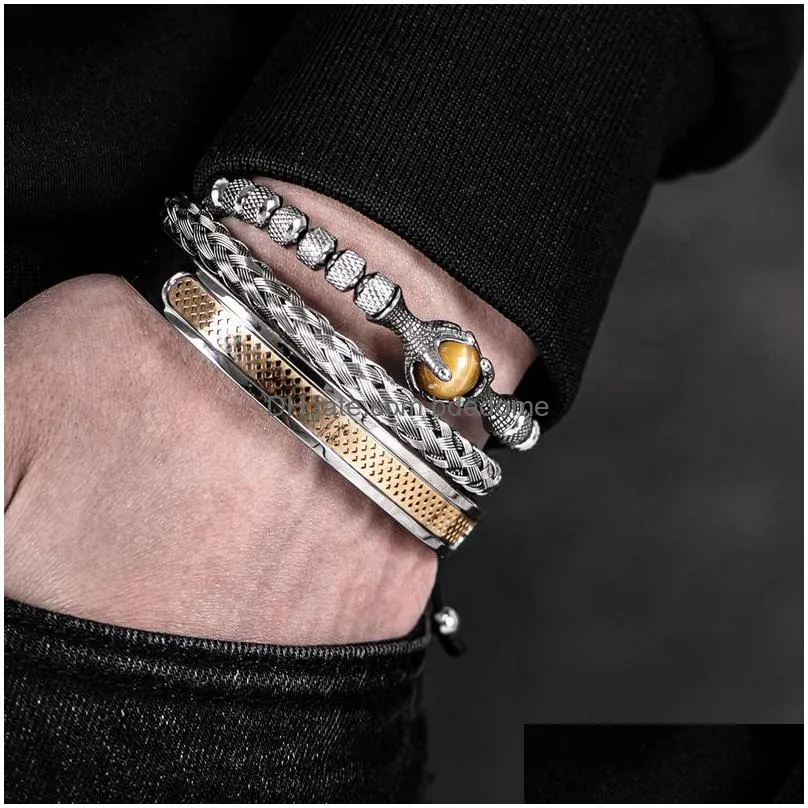 bangle luxury set men bracelet stainless steel handmade rope bangles men  bracelets with tigereye natural stone gift accessories