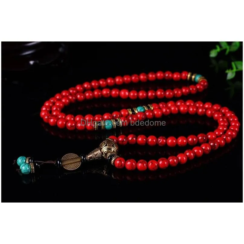 charm bracelets wholesale buddhist 108 mala prayer 8mm red pine stone bead men yoga meditation necklace drop 230215