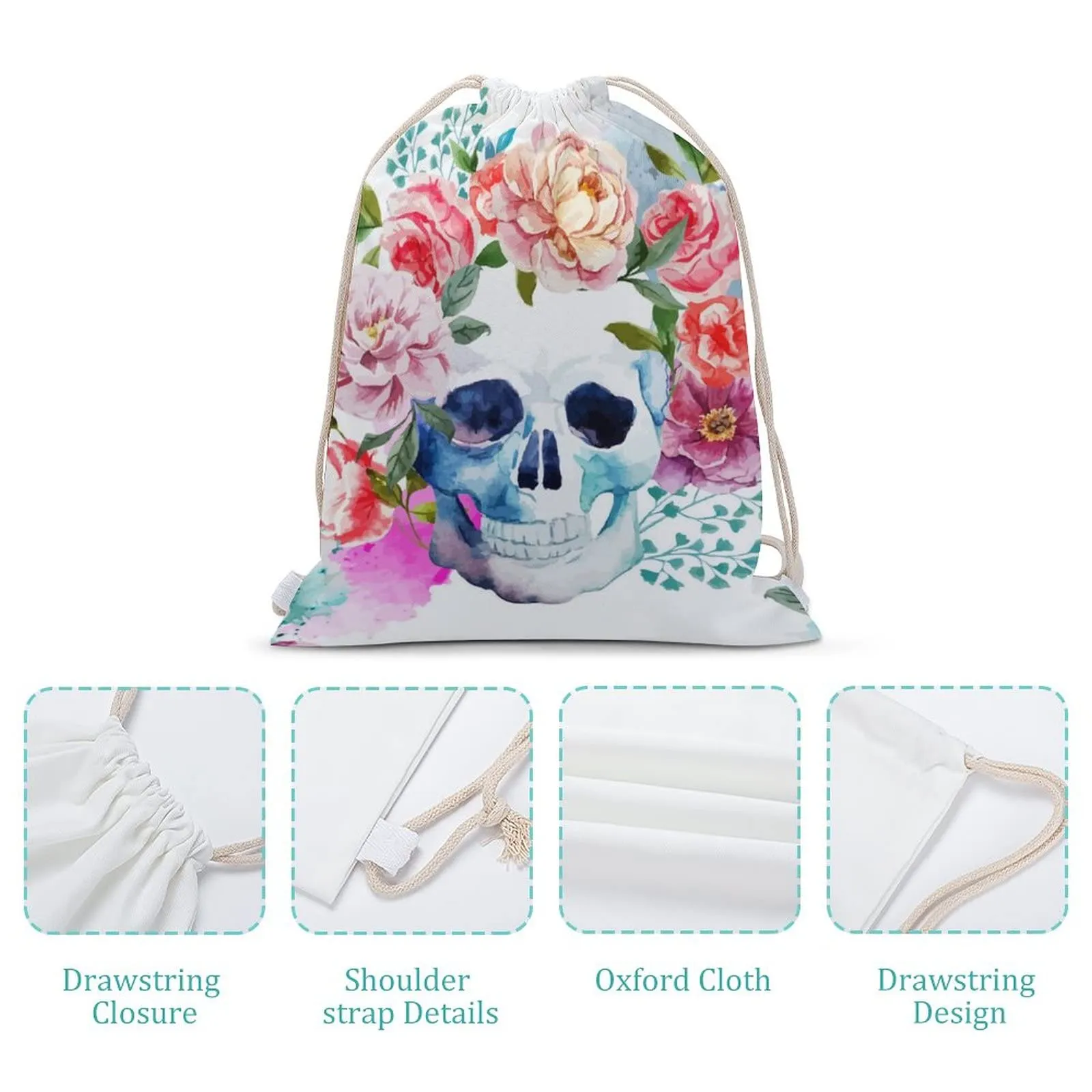 skull and flowers day of the dead canvas drawstring backpack trendy daypack sackpack for sports gym travel