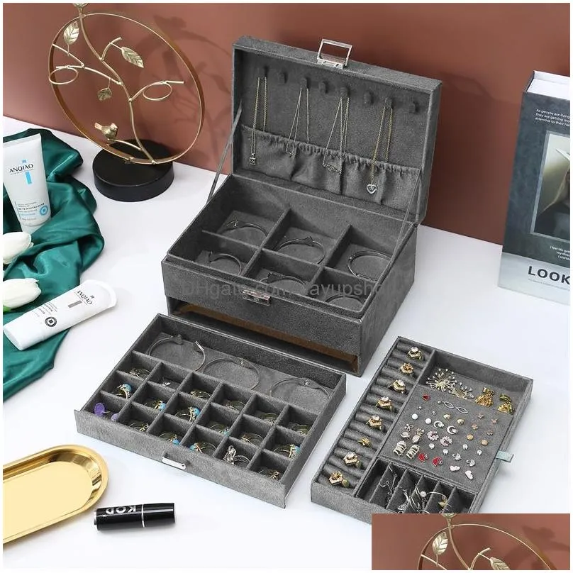 grey 3-layer flannel jewelry organizer box necklaces earrings rings display holder case for women large capacity 220309