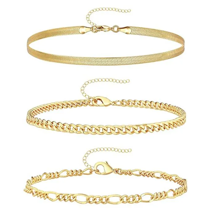  gold color charm barcelet set simple design for women trendy handmade fashion jewelry cuba figaro snake beads chain length 7add2inch
