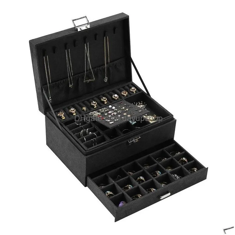 grey 3-layer flannel jewelry organizer box necklaces earrings rings display holder case for women large capacity 220309