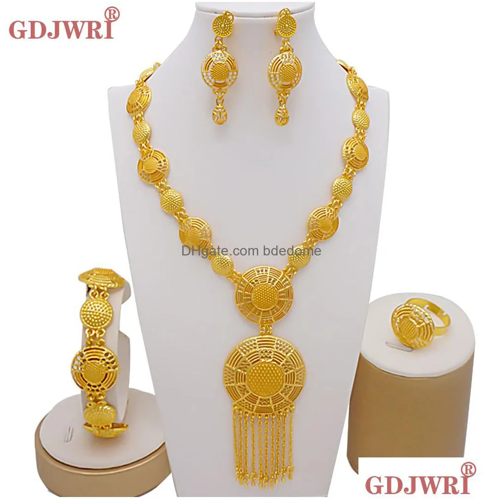 wedding jewelry sets arabic dubai set for women earrings ethiopian african long chain gold color necklace bridal gift 230215