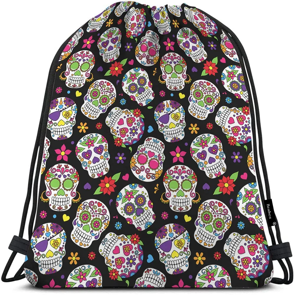 mexican sugar skull drawstring bags backpack bag dead of the dead colorful skeleton flowers heart pattern sport gym sack drawstring bag string bag yoga bag for men women