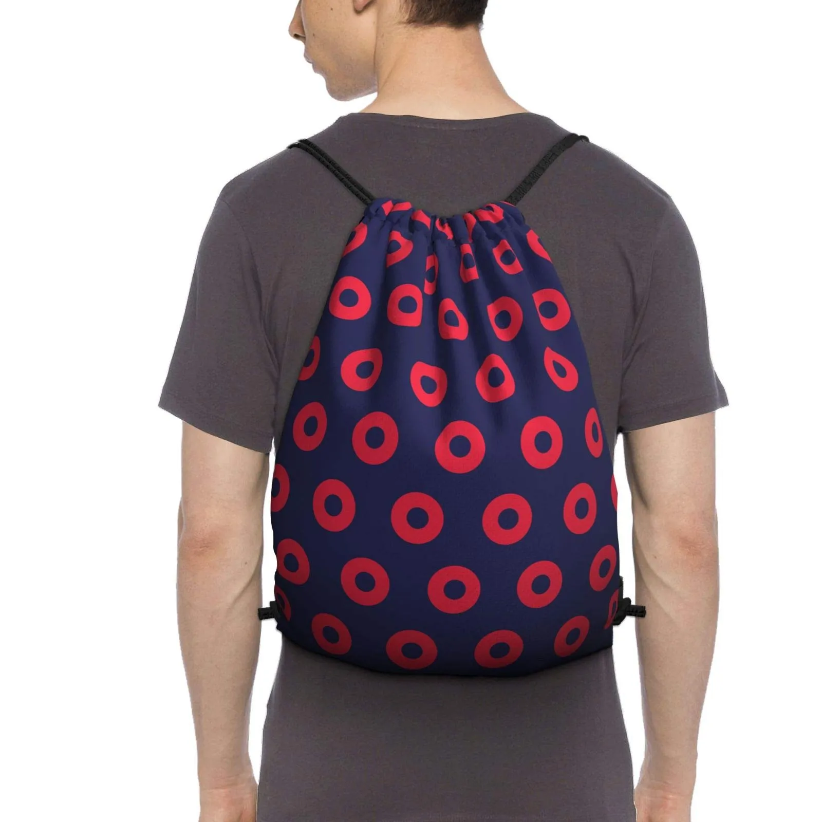 red donut circles on blue drawstring bag for men women waterproof string bag nylon gym sport traveling sackpack cinch