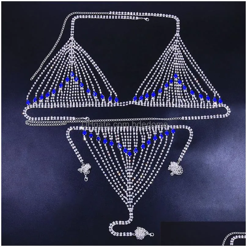 other stonefans sexy blue bra thong sets harness for women summer clothing crystal bikini body chain bra festival jewelry 221008