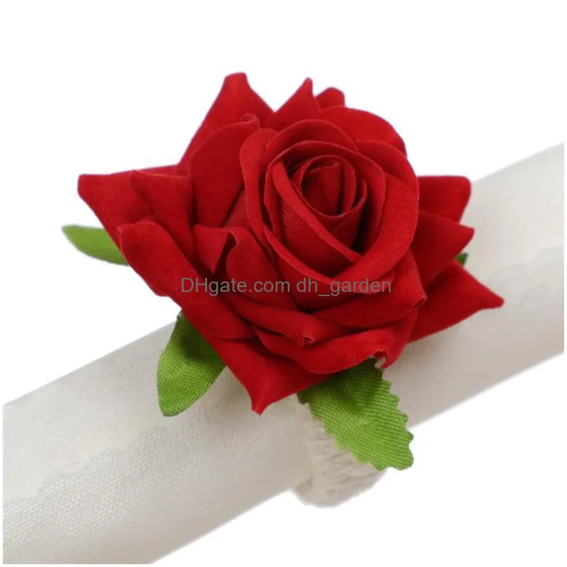 valentine`s day rose flower napkin ring romantic simulation champagne napkin buckle creative hemp rope braided table decoration