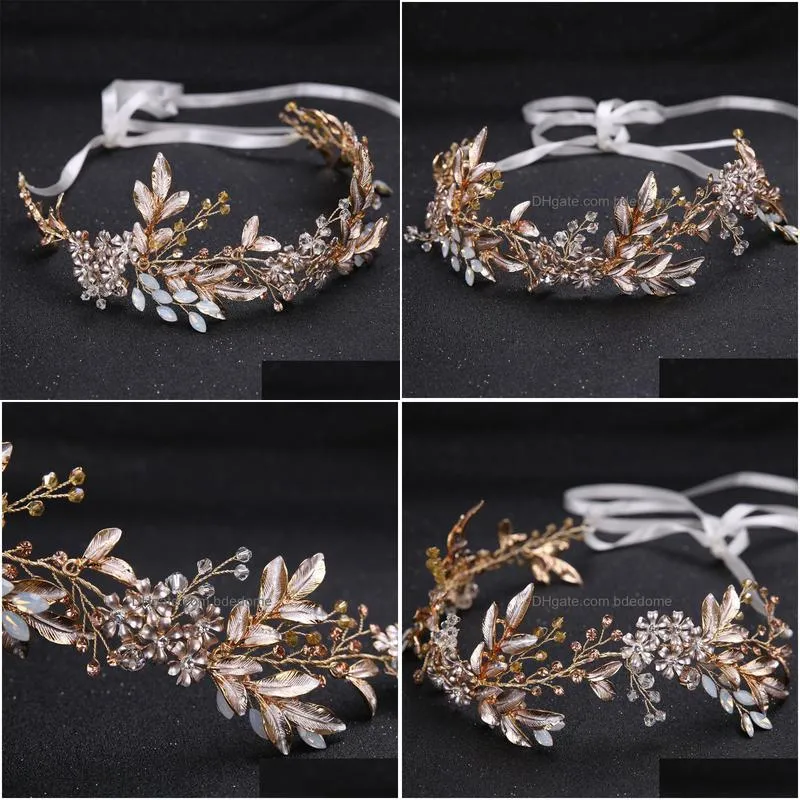 wedding hair jewelry champagne alloy crystal beads flower bride headbands hair comb princess bridal ribbon hairband wedding hair accessories crown