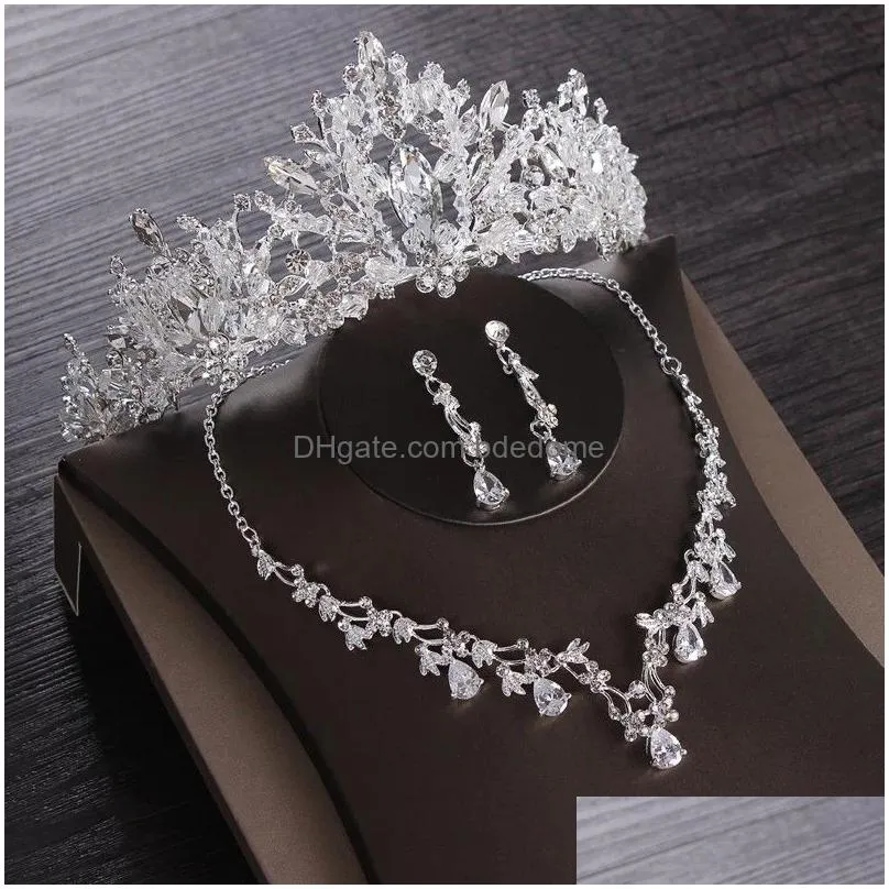 wedding jewelry sets luxury heart crystal bridal cubic zircon crown tiaras earring choker necklace african beads 230215