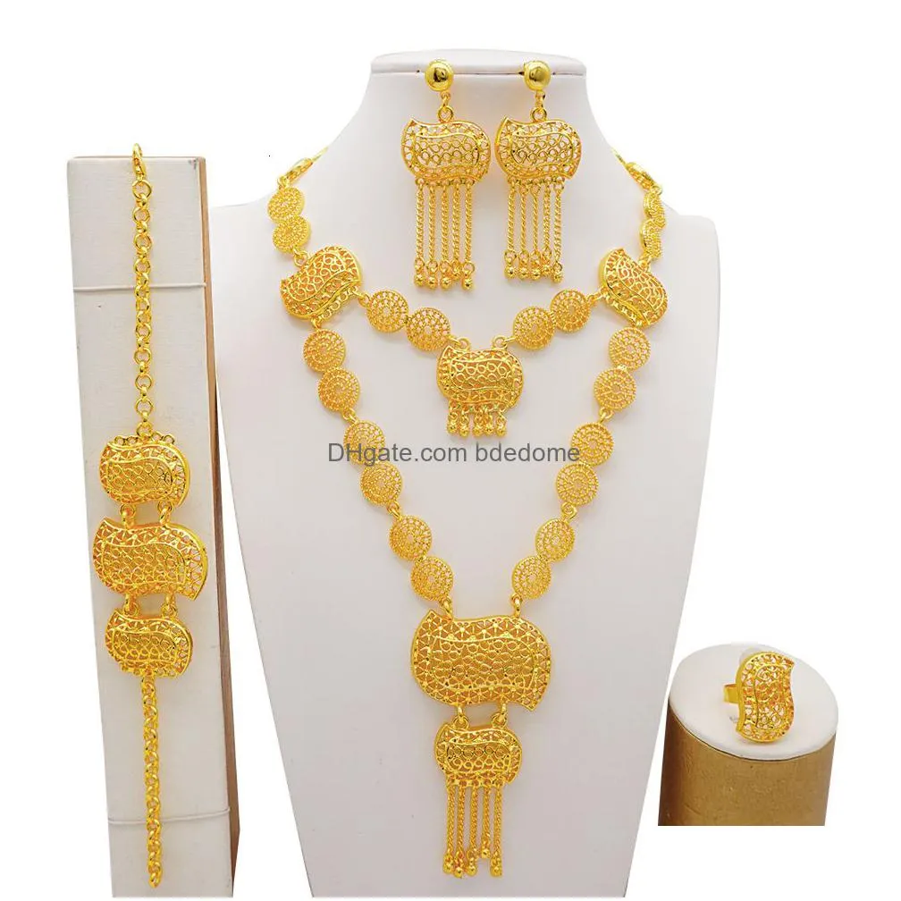 wedding jewelry sets luxury crystal flower dubai gold color jewelry sets for women bridal long tassel necklace sets african arab wedding party gifts