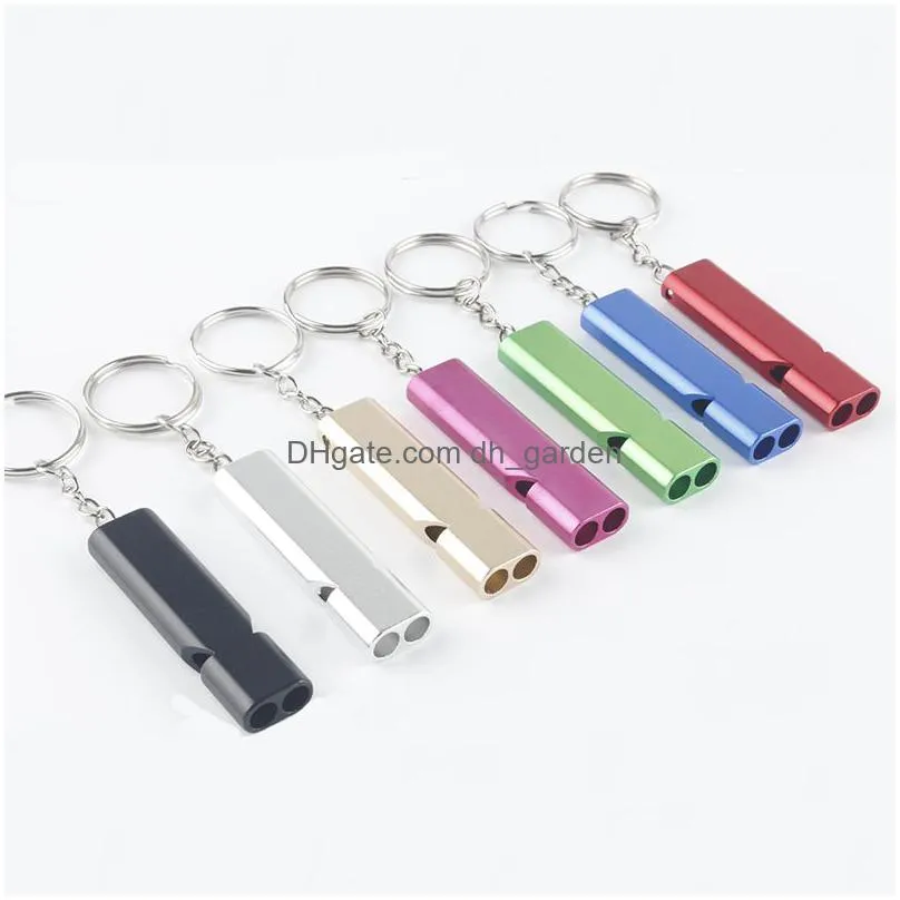 7 colors metal whistle keychain pendant aluminum alloy double hole survival whistle key chain outdoor emergency tool