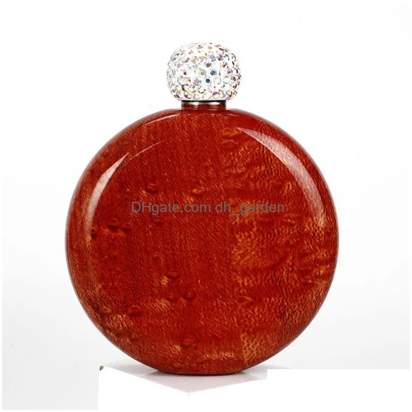 stainless steel diamond hip flask wood grain round portable ladies mini wine bottle with rhinestone lid