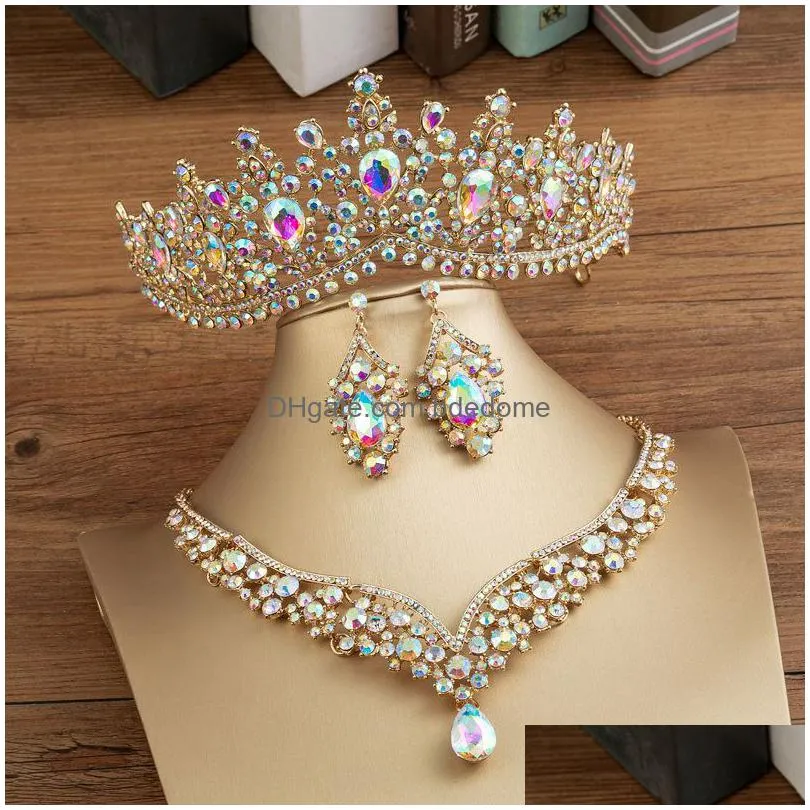 wedding jewelry sets baroque gold color black crystal bridal tiaras crown earrings choker necklace women dress dubai set 230216