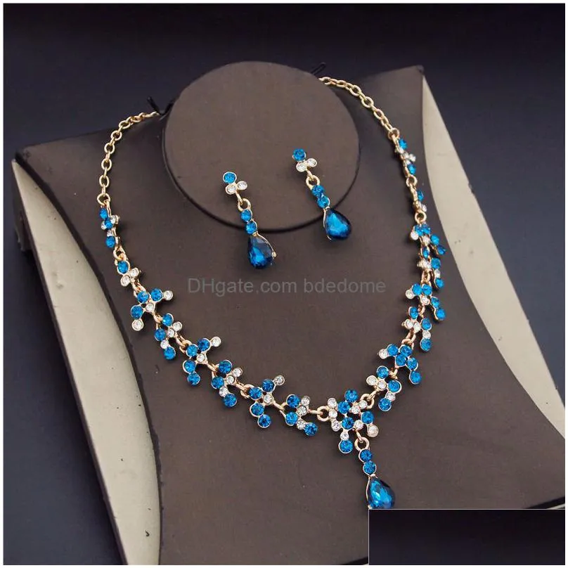 wedding jewelry sets luxury blue crystal bridal for women fashion tiaras earrings necklaces crown necklace bride 230216