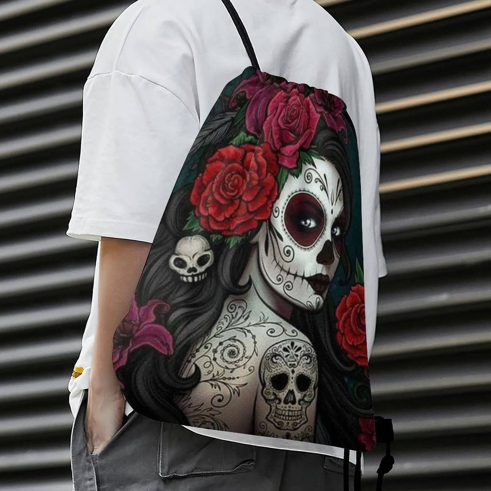 day of the dead floral skull goth drawstring backpack durable cinch bag string bags sackpack for gym shopping sport yoga