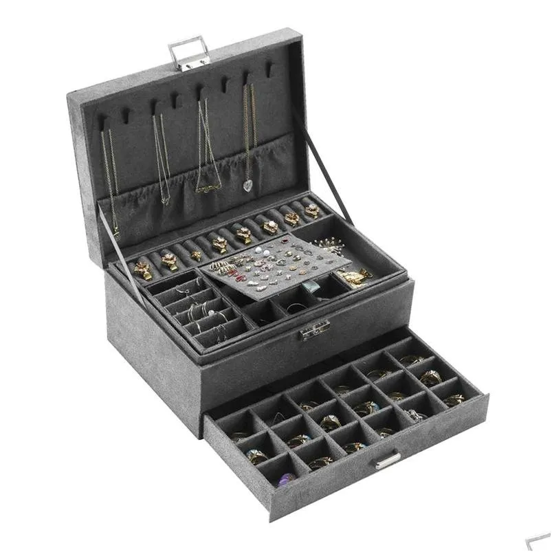 grey 3-layer flannel jewelry organizer box necklaces earrings rings display holder case for women large capacity 220309