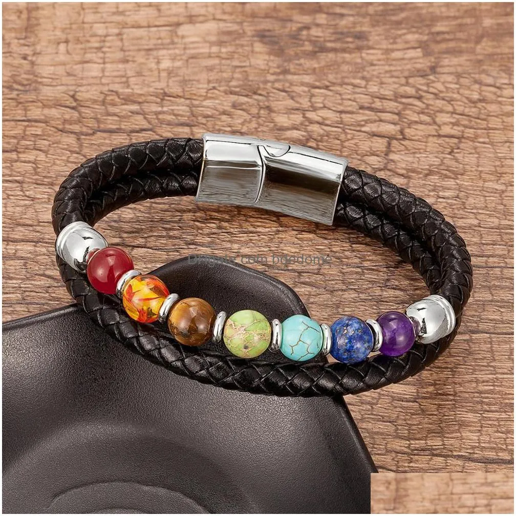 charm bracelets chakra men bracelet 7 color natural yoga healing stone beads black genuine leather hommes pulseras jewelry gifts