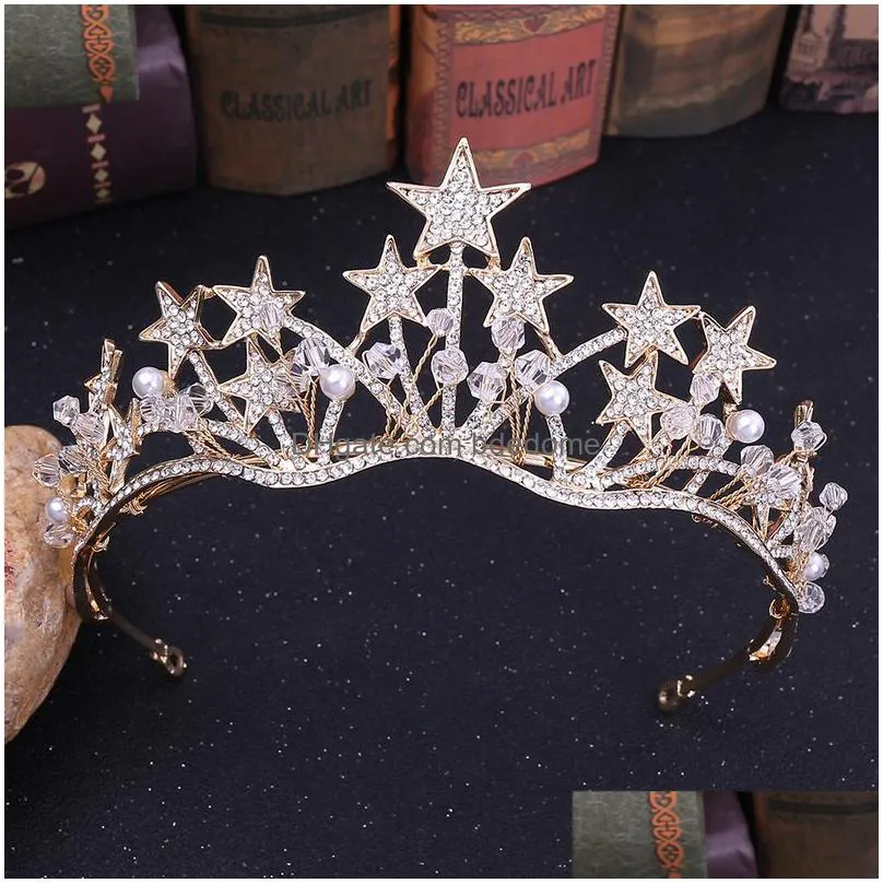 wedding hair jewelry baroque gold color star crystal pearl tiaras bridal crown for bride crowns headband accessories 220831