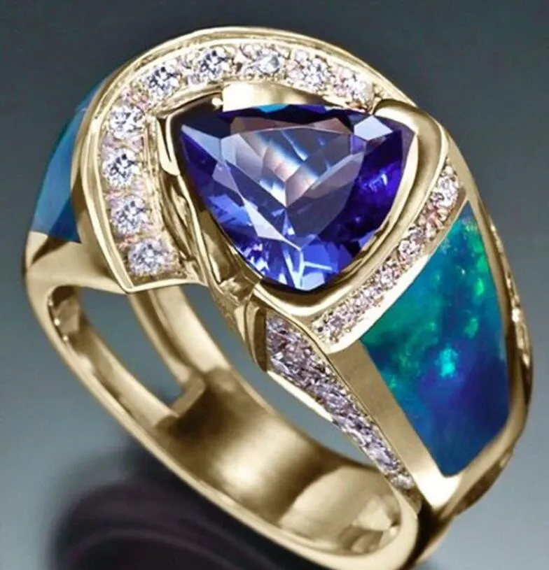 exquisite vintage 18k triangle cut sea blue crystal with small zircon hollow women ring wedding bridesmaid party gift fine jewelry size5 6 7 8 9 10 11