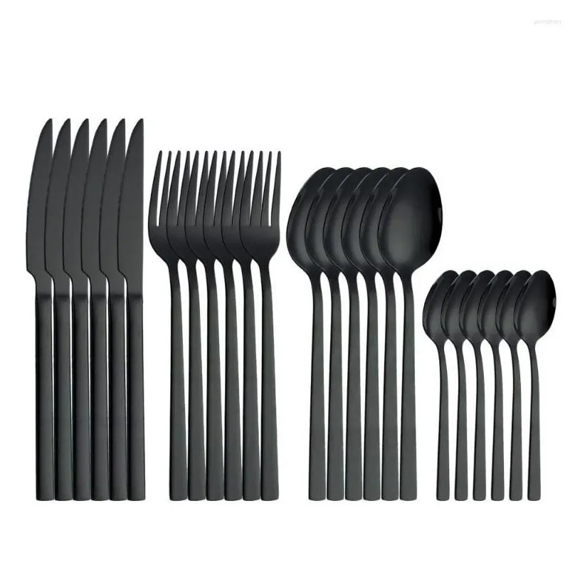 Dinnerware Sets Wedding 24pcs Black Steel Forks Luxury Mirror Cutlery Knives Tableware Stainless Set Kitchen Spoons