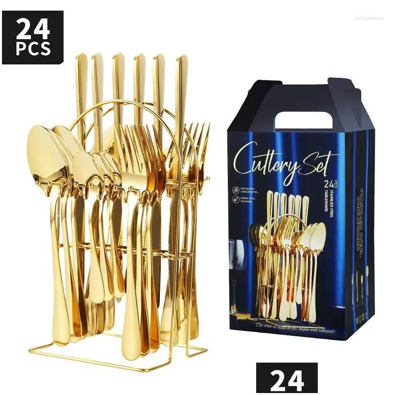 dinnerware sets 24 piece cutlery set stainless steel 24in1 luxury holder flatware organizer gold knives spoon and fork with shelf