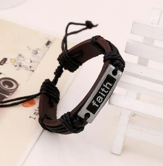 vintage mens black leather faith letter bracelet bangle black braided rope adjustable wrap wax lined paper bracelets 