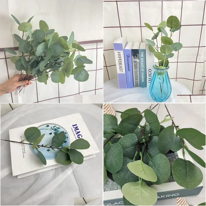 artificial eucalyptus leaves branch simulation flower bouquet accessories plastic fake green plant table display leaves