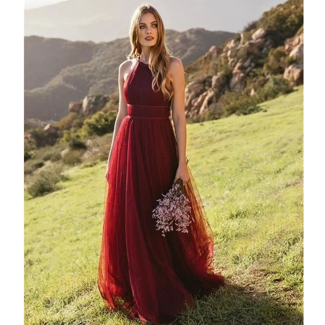 Burgundy A Line Bridesmaid Dress Vintage Top Halter Wedding Guest Maid of Honor Gown Plus Size Custom Made Robe de Soiree