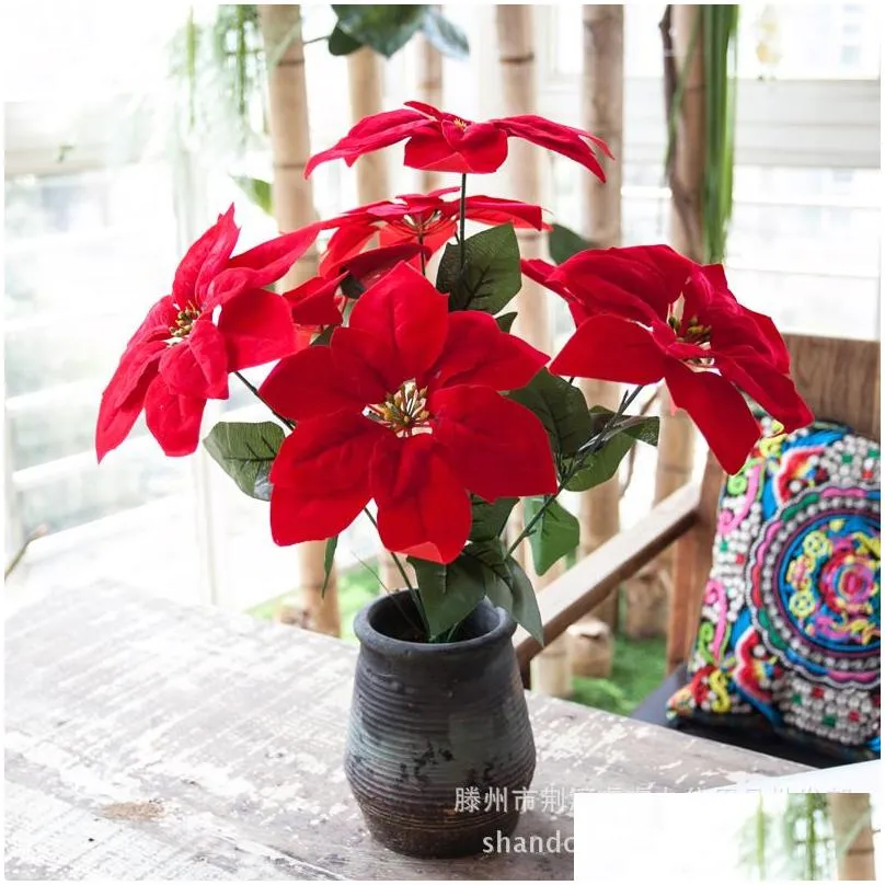 poinsettia artificial flowers christmas silk flowers christmas decorative potted floral fake flower for home decoration office