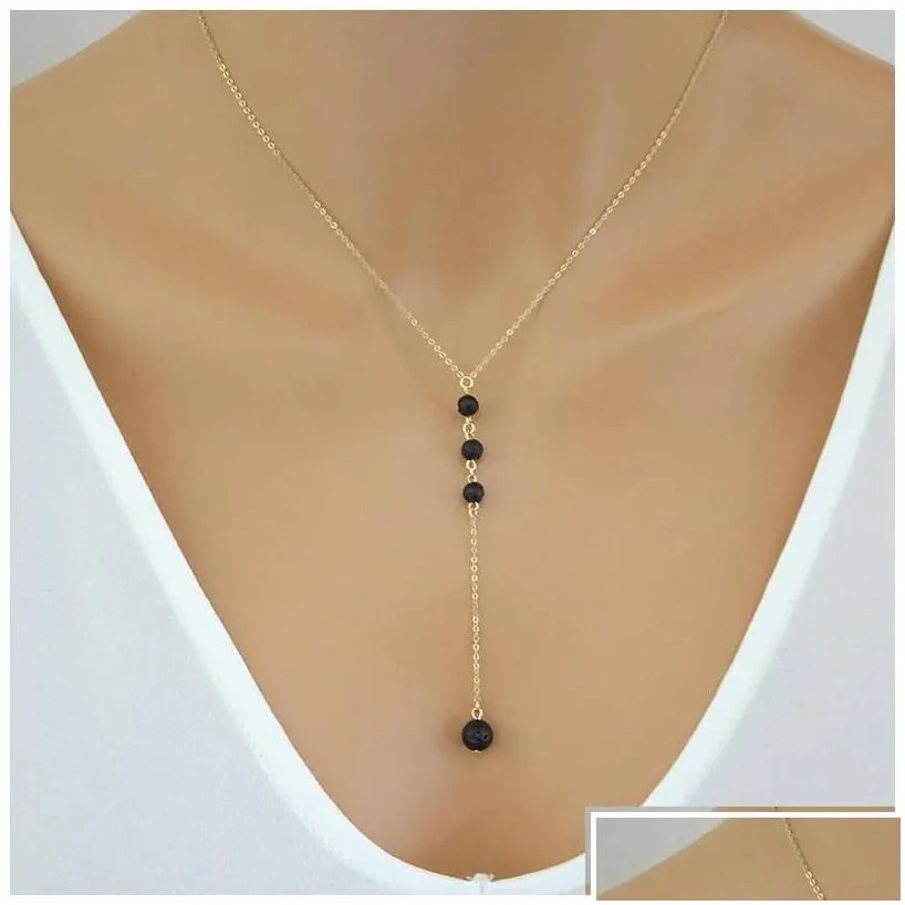 pendant necklaces lava rock bead necklace feather leaves aromatherapy  oil diffuser stone gold sier chain for women jewelry