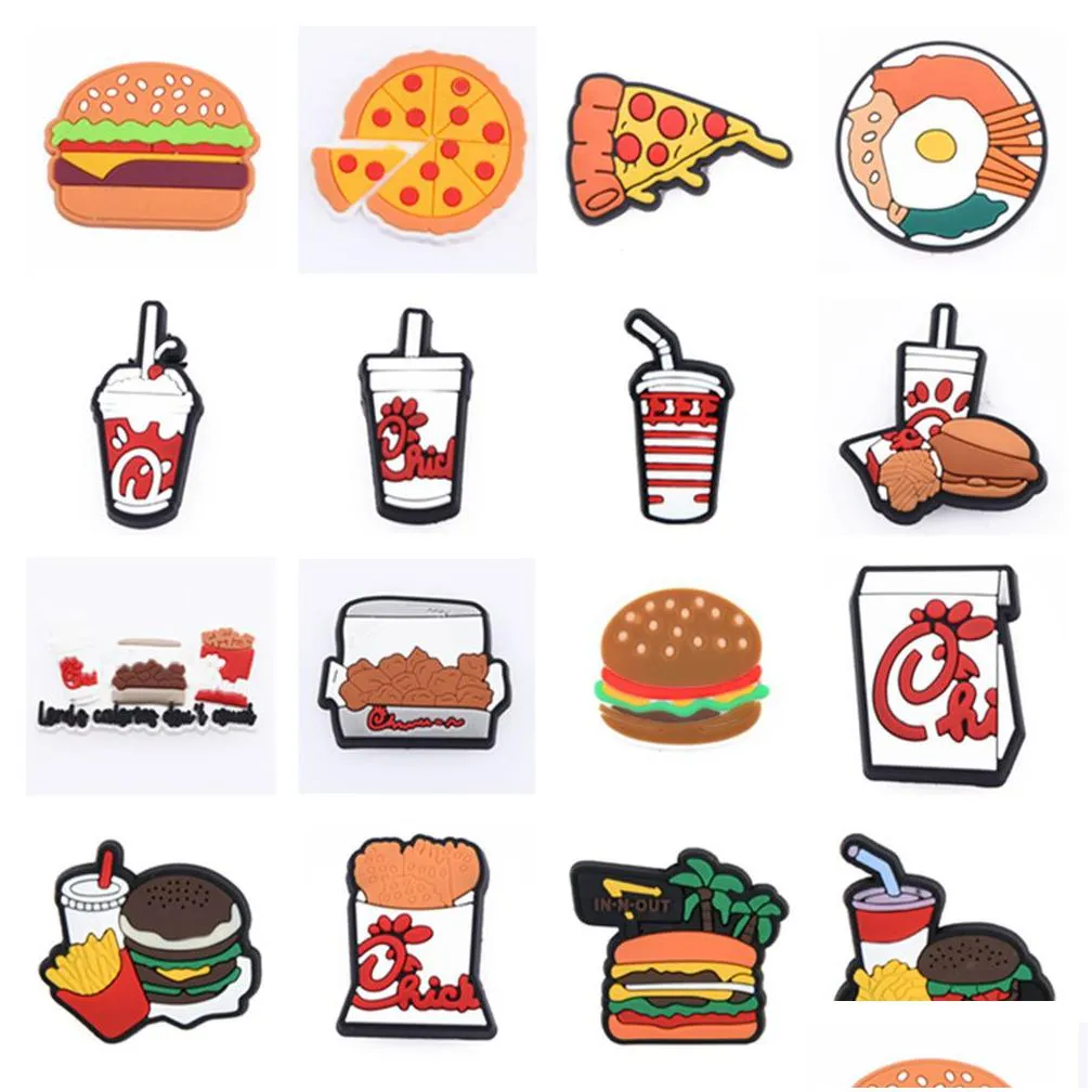 popular pvc chick fil french fries pizza party christmas hamburger shoes charm gift childrens clogs shoes decoration diy