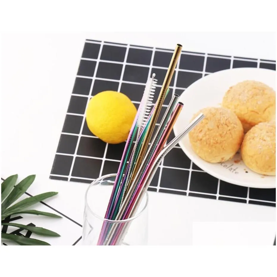 6x215mm 304 stainless steel straw bent and straight reusable colorful straw drinking straws metal straw cleaner brush bar drinking tool