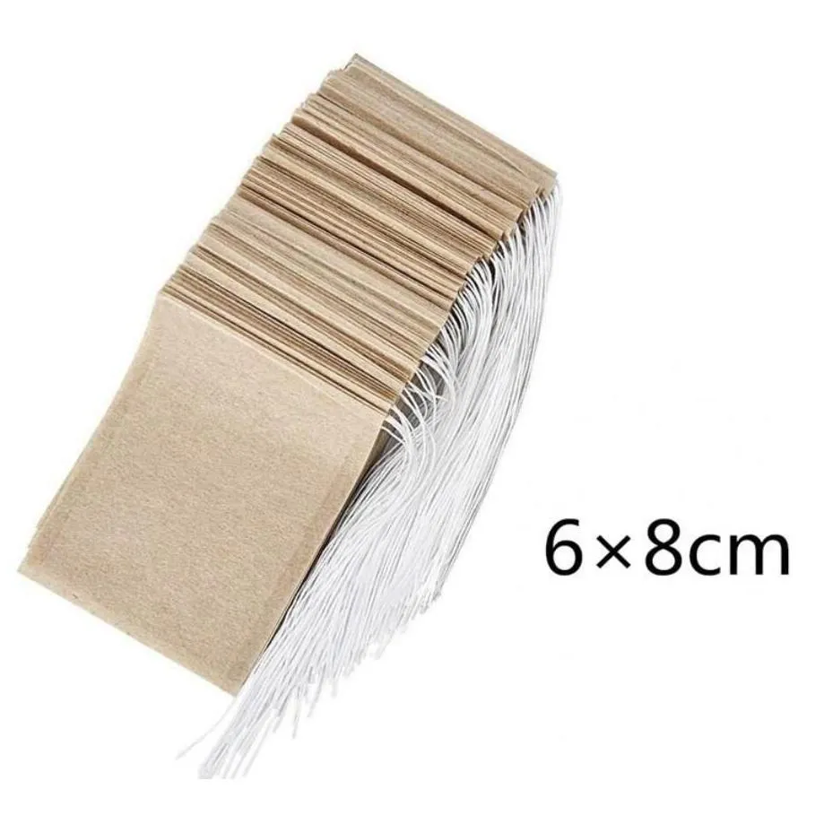 100pcs/lot tea filter bags natural unbleached paper tea bag disposable tea infuser empty bag with drawstring for herbs coffee 6x8cm