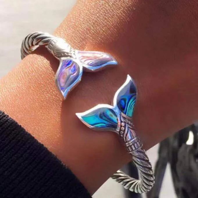 fashion trendy silver color fishtail enamel design adjustable bracelet for women adjustable opening colorful mermaid tail bangle