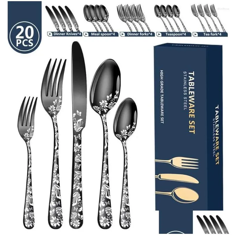 dinnerware sets 20 pcs pattern stainless steel tableware steak knife and fork spoon kit portable cutlery set dinner dessert co