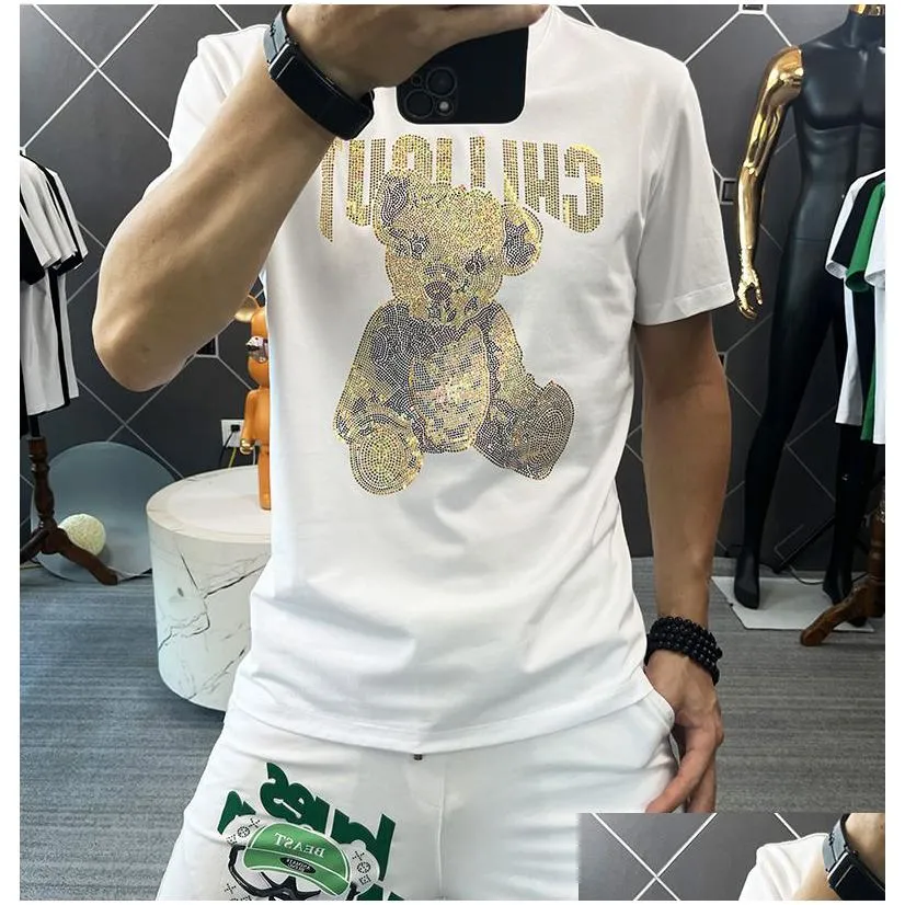 mens casual t-shirt sequin bear design mercerized cotton high quality male tees summer trend large 5xl versatile man clothing high quality light luxury