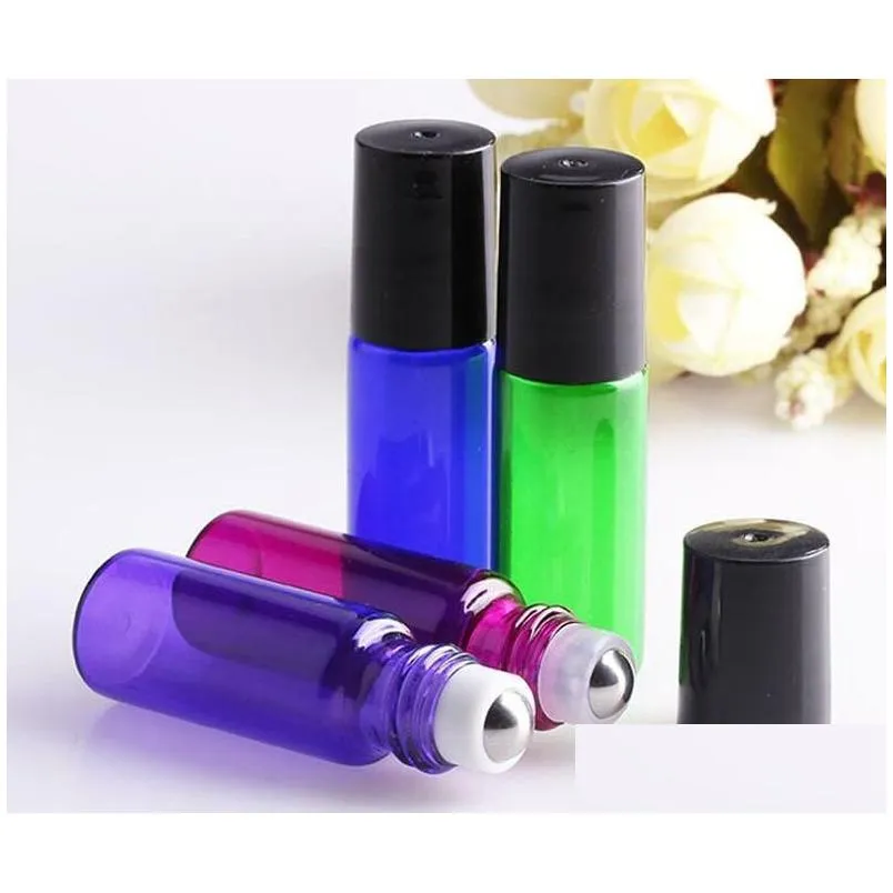 5ml 1/6oz amber green purple blue glasses roller on bottles  oil empty perfume bottle with glass stainless steel rollers ball