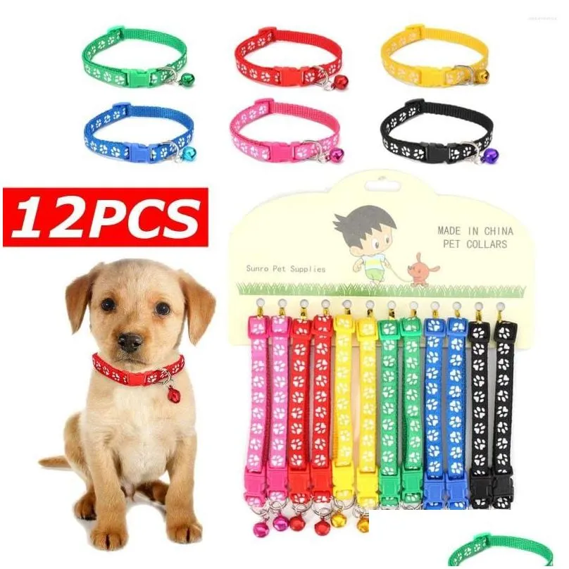 dog collars adjustable 12pcs/set pet collar with bell lovely small footprint flower strap nylon fabric puppy teddy cat kitten supplies