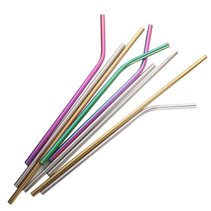 6x215mm 304 stainless steel straw bent and straight reusable colorful straw drinking straws metal straw cleaner brush bar drinking tool