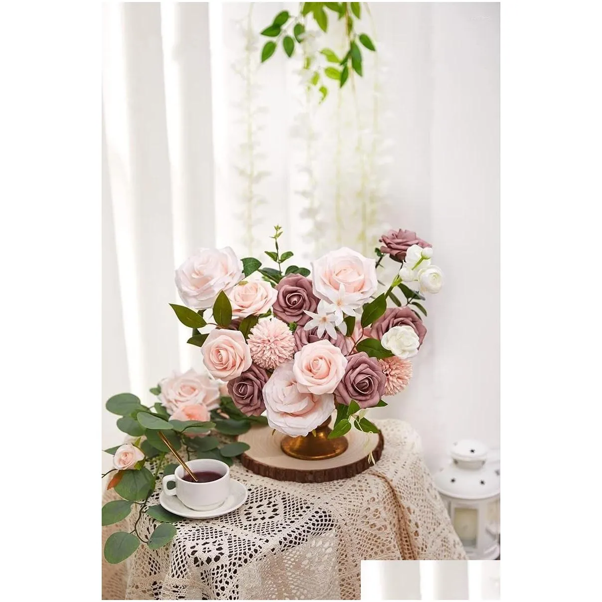 Decorative Flowers Artificial Box Set Silk Flower Foam Roses With Stems For DIY Wedding Bouquets Centerpieces Party Home Decorations