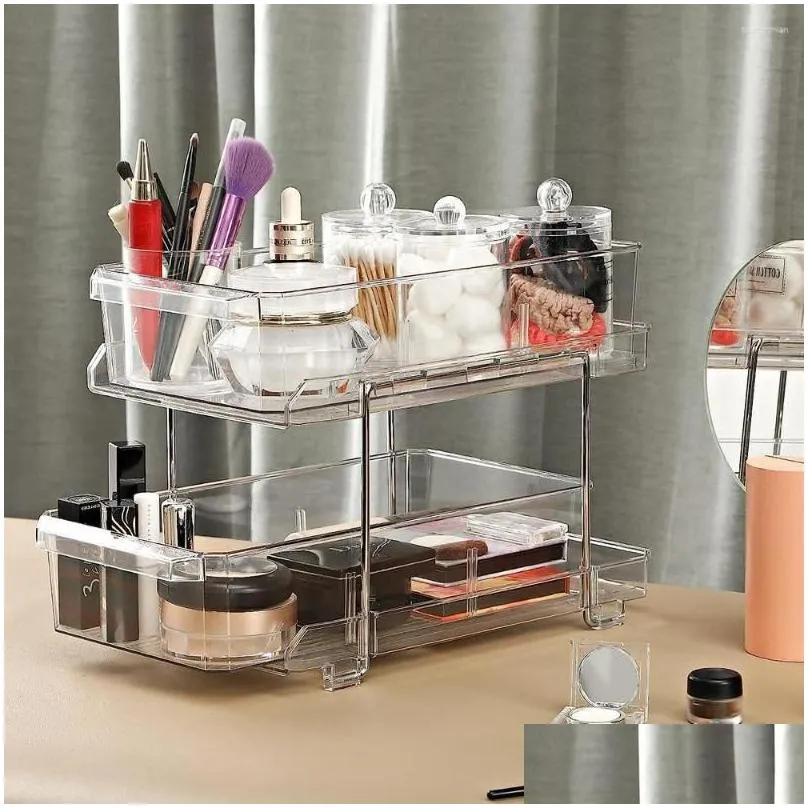 storage boxes 2 tier transparent cosmetic case holder desktop makeup organizer eyeliner pen foundation blush eyeshadow brushes box