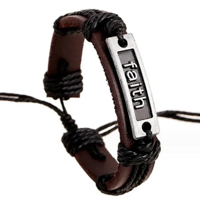 vintage mens black leather faith letter bracelet bangle black braided rope adjustable wrap wax lined paper bracelets 